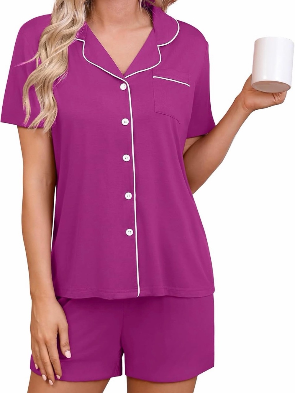 Women's Short Sleeve Pajama Set - Magenta with Contrast Piping